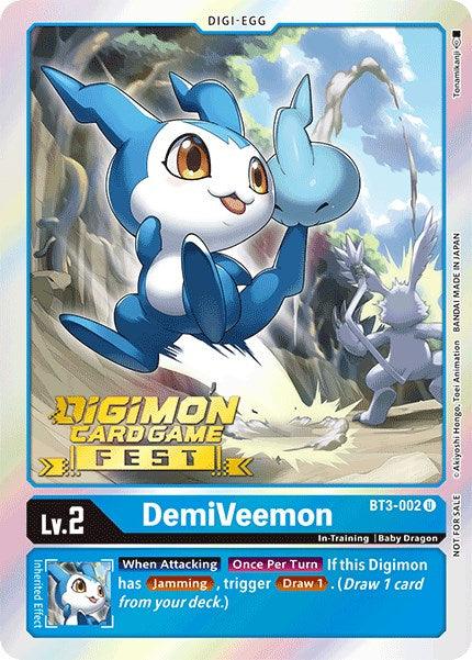 A blue and white baby dragon named DemiVeemon [BT3-002] (Digimon Card Game Fest 2022) [Release Special Booster Promos] from the Digimon. The card, part of the Special Booster Promos, is labeled "Digi-Egg" with the identifier BT3-002. DemiVeemon has a jamming ability and can trigger a draw once per turn. The background shows a vibrant, natural environment.