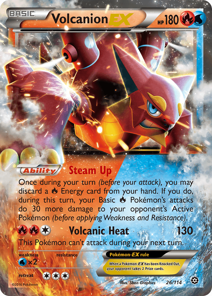 The image displays an Ultra Rare trading card from the Pokémon brand, featuring Volcanion EX (26/114) from the XY: Steam Siege series. It depicts a dynamic and colorful fiery red and yellow mechanical creature with steam elements. The card highlights its 180 HP, along with the abilities 