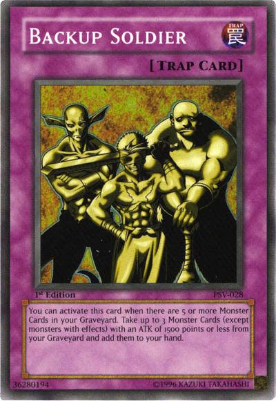 Yu-Gi-Oh! "Backup Soldier [PSV-028] Super Rare" is a Super Rare Normal Trap card from the Pharaoh's Servant set. Its art features three muscular, bald men in a strong, defensive stance against a dark background with a lavender aura. The purple border indicates its trap card status and includes detailed descriptions of its effects and attributes.