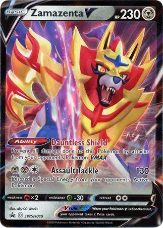 A Pokémon trading card from Pokémon featuring Zamazenta V (SWSH019) [Sword & Shield: Black Star Promos]. It has 230 HP and a weakness to fire-type moves. The card showcases its ability, "Dauntless Shield," and attack, "Assault Tackle," which deals 130 damage and discards a Special Energy. This Black Star Promo card has a dark, battle-ready theme with shining accents.