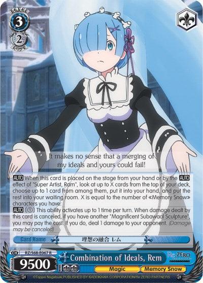 A rare character card featuring a blue-haired character dressed in a maid outfit. Titled "Combination of Ideals, Rem (RZ/S68-E067 R) [Re:ZERO Memory Snow]," from Bushiroad, it boasts magic abilities, 2 cost, 3 soul trigger, and specific effects detailed in a text box.