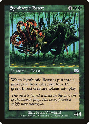 A Magic: The Gathering card named "Symbiotic Beast [Onslaught]" features a giant, green, multi-legged creature in the forest that releases insect creature tokens. Its card details emphasize its 4/4 power and toughness, along with engaging flavor text about insects feeding. The artwork is by Franz Vohwinkel.