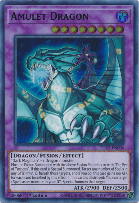The image shows a Yu-Gi-Oh! trading card named "Amulet Dragon (Green) [DLCS-EN005] Ultra Rare". It is a 1st Edition Fusion Monster card with the code DLCS-EN005. The card depicts a blue dragon with an amulet, boasting stats of ATK/2900 and DEF/2500, and detailed text on rules and effects for gameplay.