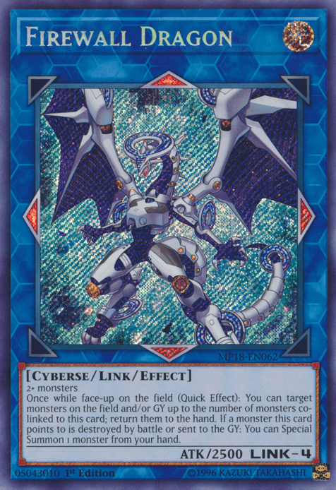 The "Firewall Dragon [MP18-EN062] Secret Rare" Yu-Gi-Oh! trading card from the 2018 Mega-Tins Mega Pack features a blue, mechanical dragon with circuitry and technology-inspired design, set against a holographic background. This Secret Rare Link-4 Cyberse monster boasts 2500 ATK, with effect text in a blue-bordered text box at the bottom.