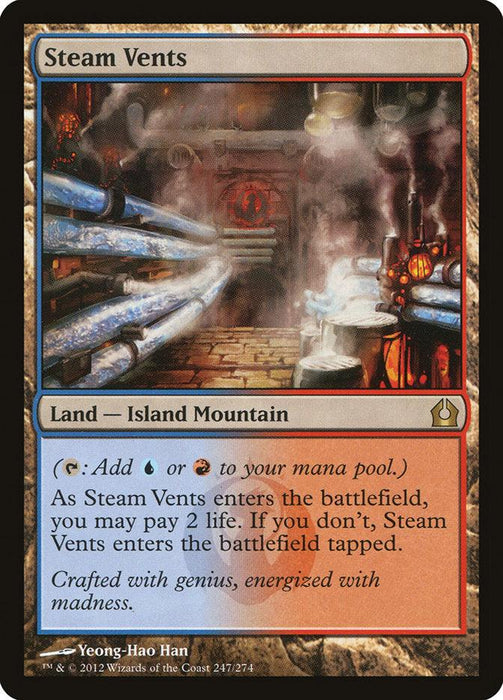 The image depicts a Magic: The Gathering card named "Steam Vents [Return to Ravnica]" from the set. This Land — Island Mountain card enables adding blue or red mana. When it enters the battlefield, players can pay 2 life to avoid it being tapped. The artwork displays a steam-filled industrial area.