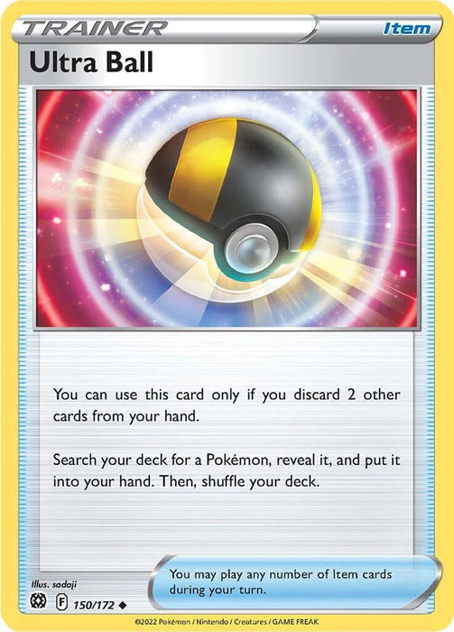 A Pokémon trading card titled "Ultra Ball (150/172) [Sword & Shield: Brilliant Stars]" from Pokémon. The card features a black and yellow sphere with a grey button, floating in a gleaming, multicolored aura. As an Uncommon card numbered 150/172 in the Brilliant Stars set, it includes gameplay instructions and is illustrated by sadaji.