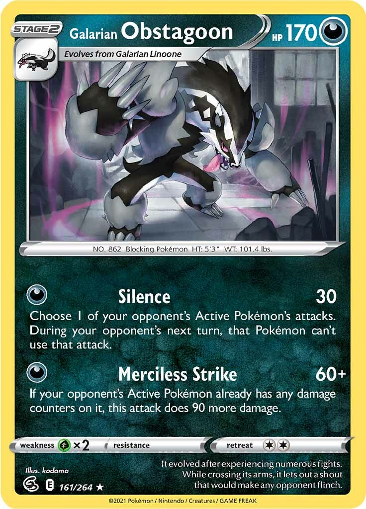 The Galarian Obstagoon (161/264) [Sword & Shield: Fusion Strike] Pokémon card by Pokémon features a Holo Rare design with 170 HP. This card displays two powerful attacks: 