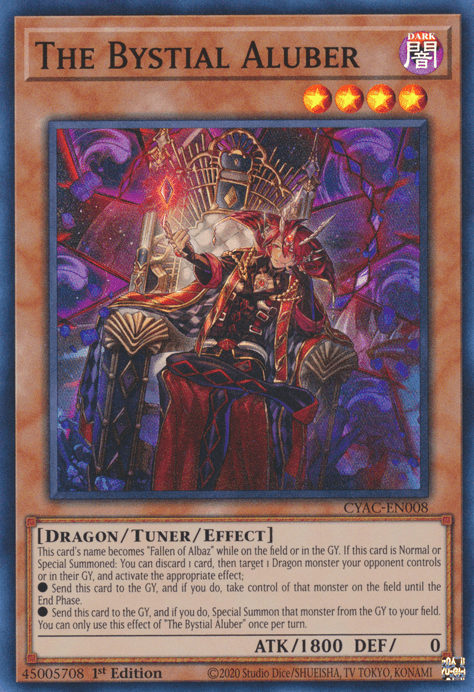 A product named "The Bystial Aluber [CYAC-EN008] Super Rare" from the brand Yu-Gi-Oh! features an 1800 attack and 0 defense Tuner/Effect Monster from the Cyberstorm Access set. The artwork depicts a figure wearing ornate, dark robes surrounded by glowing runes and red crystals. The card has detailed effects and abilities text.