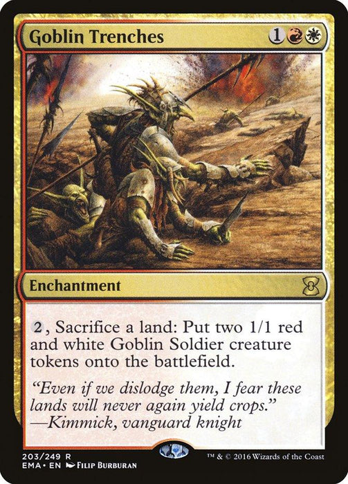 The image is of a Magic: The Gathering card titled "Goblin Trenches [Eternal Masters]" from the Eternal Masters set. The Enchantment card features an illustration of goblins in combat, with one Goblin Soldier wielding a sword and another holding a spear, allowing players to sacrifice land to create two 1/1 red and white Goblin Soldier creature tokens.