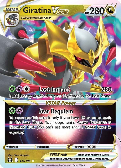 A Giratina VSTAR (131/196) [Sword & Shield: Lost Origin] trading card from Pokémon featuring Giratina VSTAR with HP 280. Adorned with a dark and gold dragon-like creature, it includes two attacks: "Lost Impact" with a damage of 280 and "Star Requiem" as a VSTAR Power. Part of the Lost Origin set, the card number is 131/196.