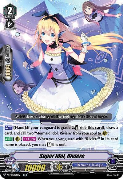 A trading card featuring "Super Idol, Riviere," a blonde-haired girl in a blue and white outfit with a bow, surrounded by musical notes. As a Mermaid Idol from the Bermuda Triangle clan, this Double Rare card includes several pieces of text detailing her special actions and power stats. The specific product is "Super Idol, Riviere (V-EB11/012EN) [Crystal Melody]" by Bushiroad.