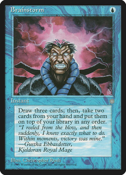 Image of the Magic: The Gathering card "Brainstorm [Ice Age]." The card has a blue border and features a portrait of a fierce wizard with glowing red eyes. He stands in front of a stormy background. The text reads: "Draw three cards; then, take two cards from your hand and put them on top of your library in any order.