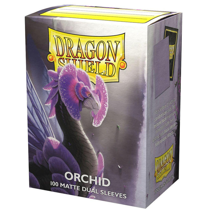 A box of Dragon Shield: Standard 100ct Sleeves - Orchid (Dual Matte), labeled "Orchid," used for protecting gaming cards. The design on the box features a fantasy creature with a dragon-like neck and head, adorned with purple and white orchid petals. The text reads "100 Matte Dual Sleeves" and "Arcane Tinmen".