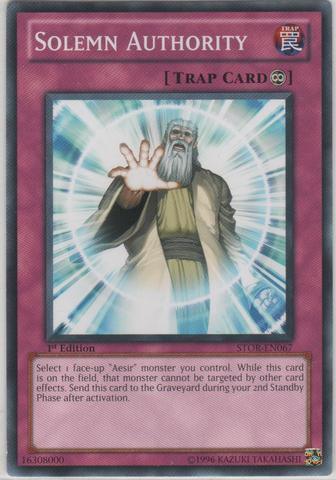 A Yu-Gi-Oh! Continuous Trap card named Solemn Authority [STOR-EN067] Common, featuring an illustration of an elderly, bearded man with a powerful aura emanating from his outstretched hand. The man wears a robe with a sash. The card description details its effects and restrictions, akin to those in Storm of Ragnarok.