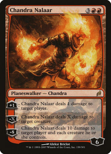 Image of a Magic: The Gathering card featuring "Chandra Nalaar [Lorwyn]," a Legendary Planeswalker from the brand Magic: The Gathering. The artwork reveals a fiery figure. The mana cost is 3 generic and 2 red mana, with abilities that deal damage to players or creatures. The loyalty marker starts at 6. Art by Aleksi Briclot.