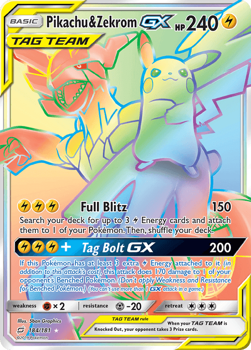 A Pokémon card featuring the Lightning type duo Pikachu & Zekrom-GX with 240 HP. The Secret Rare holographic card shows Pikachu standing on Zekrom's shoulder and details attacks: Full Blitz (150 damage) and Tag Bolt GX (200 damage). Part of the Sun & Moon: Team Up series, illustrated by 5ban Graphics. The card is officially known as Pikachu & Zekrom GX (184/181) [Sun & Moon: Team Up] from Pokémon.