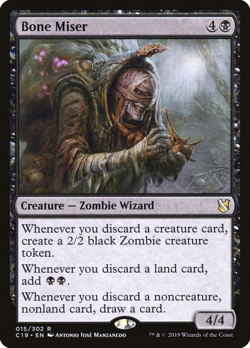 A Magic: The Gathering card titled "Bone Miser [Commander 2019]," featured in Commander 2019, highlights a rare Zombie Wizard creature. This skeletal being wears tattered clothes and clutches a small object. It creates zombie tokens and adds black mana when cards are discarded. The card is 4/4.
