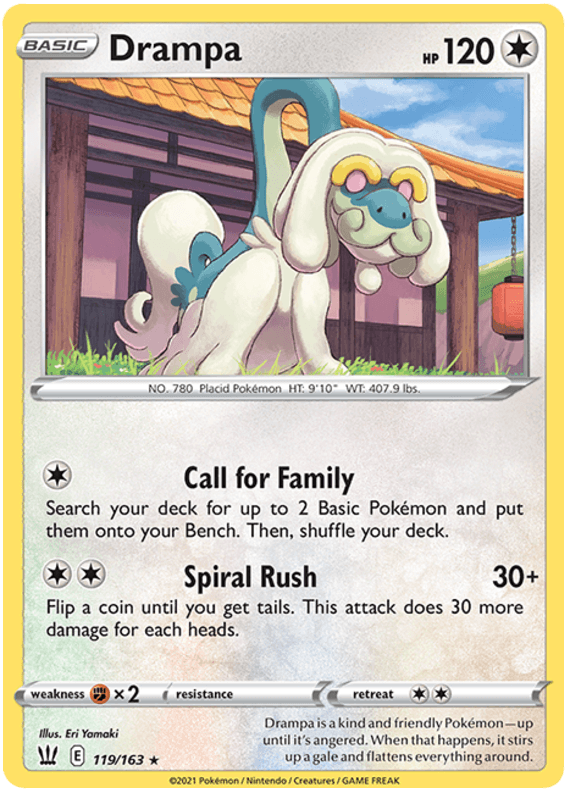 A rare Drampa (119/163) [Sword & Shield: Battle Styles] Pokémon card from the Sword & Shield - Battle Styles series. Drampa, a dragon with white fur, has green and blue markings and is Flying and Normal type. The card details include moves 