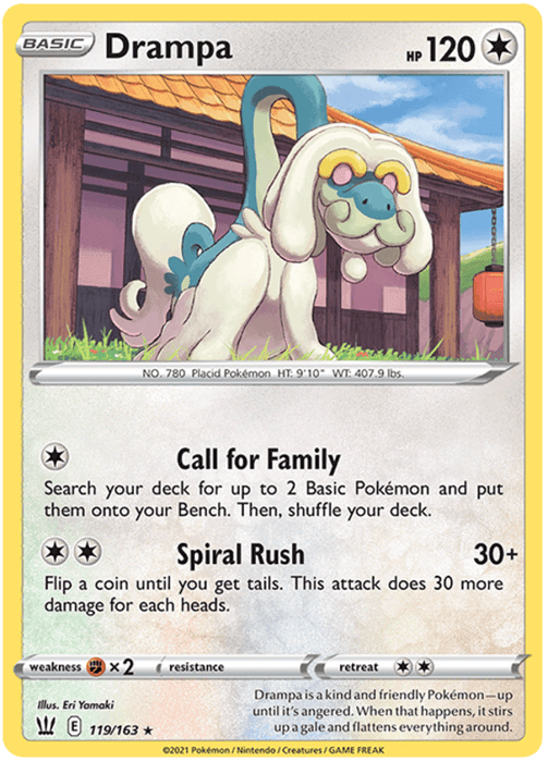 A rare Drampa (119/163) [Sword & Shield: Battle Styles] Pokémon card from the Sword & Shield - Battle Styles series. Drampa, a dragon with white fur, has green and blue markings and is Flying and Normal type. The card details include moves "Call for Family" and "Spiral Rush". It shows Drampa in a grassy setting with a house in the background. HP is 120, and the card number is 119.