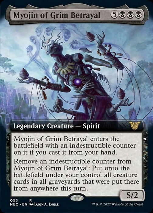 The **Magic: The Gathering** card "**Myojin of Grim Betrayal (Extended Art) [Kamigawa: Neon Dynasty Commander]**" showcases a ghostly figure with multiple arms, wearing a tattered cloak against a stormy, lightning-filled background. This black legendary creature costs 5BBB, has 5 power and 2 toughness, and features abilities tied to indestructible counters.