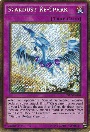 A Yu-Gi-Oh! card named "Stardust Re-Spark [PGL2-EN020] Gold Secret Rare," featured as a Gold Secret Rare. The card showcases a shiny, blue dragon surrounded by sparkling stars against a purple background. Its text details the effect of negating an opponent's attack and drawing a card, with its Premium Gold serial number at the bottom left.