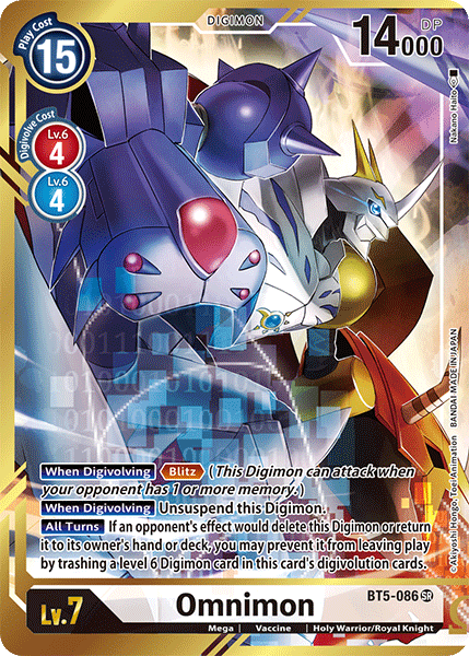 The Digimon card "Omnimon [BT5-086] (Alternate Art - Nakano Haito) [Battle of Omni]" showcases Omnimon, a formidable Holy Warrior from the Royal Knight order. This card features a purple border and displays various stats, including a play cost of 15 and 14,000 DP. It can digivolve from two Level 6 Digimon. Omnimon is depicted in vibrant colors with its abilities detailed in gold and black text boxes.