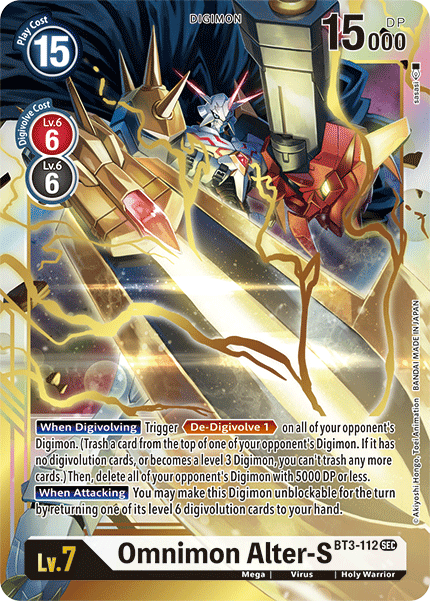 A "Digimon" trading card featuring Omnimon Alter-S [BT3-112] from the Release Special Booster Ver.1.5 set. This Secret Rare card showcases intricate artwork of the digital monster wielding a sword and gun, emitting electric energy. With a Digivolve cost of 6, a DP of 15000, and Level 7, it includes detailed descriptions of its abilities and characteristics.