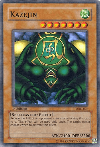 Yu-Gi-Oh! Kazejin [MRD-026] Super Rare, a green-armored figure with eight glowing stars at the top. It's a Super Rare 1st Edition from the Metal Raiders set. This Spellcaster/Effect Monster has 2400 ATK and 2200 DEF, reducing the ATK of an opponent's attacking monster to 0 once per turn.