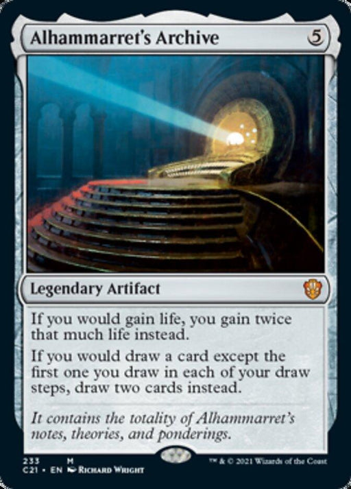 The image shows an Alhammarret's Archive [Commander 2021] card, a Legendary Artifact from Magic: The Gathering with a mana cost of 5. The artwork depicts a spiral staircase leading to a glowing archway. The card text provides rules about doubling life gain and drawing additional cards, denoting its Mythic Rarity.