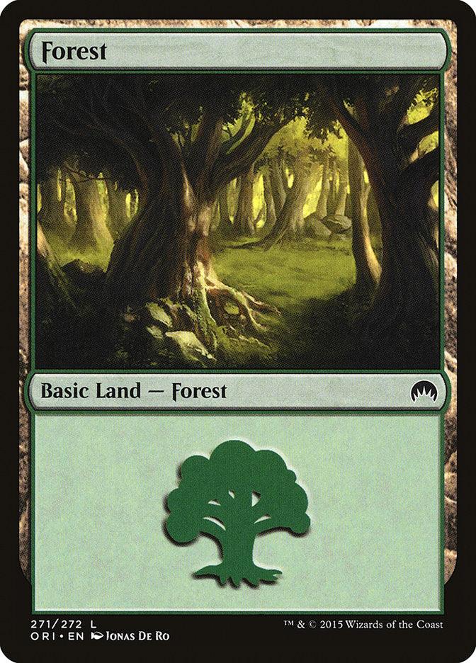 A card named "Forest (271)" from Magic: The Gathering's Magic Origins series depicts a sunlit, dense forest. The artwork features tall trees and lush greenery with sunlight streaming through the branches, while the bottom half displays the text "Basic Land — Forest" with a green tree symbol.