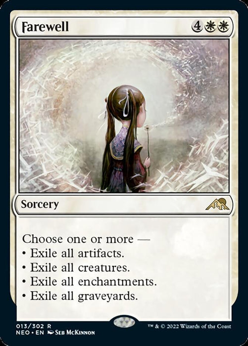 A Magic: The Gathering card titled Farewell [Kamigawa: Neon Dynasty] from Magic: The Gathering features artwork of a young girl in a traditional dress standing in front of a bright, ethereal light. This sorcery outlines multiple choices: exile all artifacts, creatures, enchantments, or graveyards. The card's mana cost is 4 generic and 2 white mana.