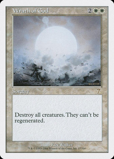 The Magic: The Gathering card "Wrath of God [Seventh Edition]" shows an explosion in a cloudy sky, embodying destruction. As a sorcery with 2 generic and 2 white mana cost, it reads: "Destroy all creatures. They can't be regenerated.