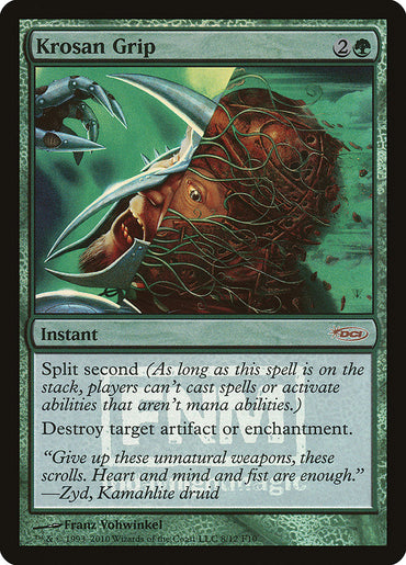 The "Krosan Grip" card from the Magic: The Gathering Friday Night Magic 2010 set is an uncommon instant with a green border. It costs 2 generic mana and 1 green mana. Featuring the "Split second" ability, it reads "Destroy target artifact or enchantment." The illustration depicts a man under attack by a mechanical creature.