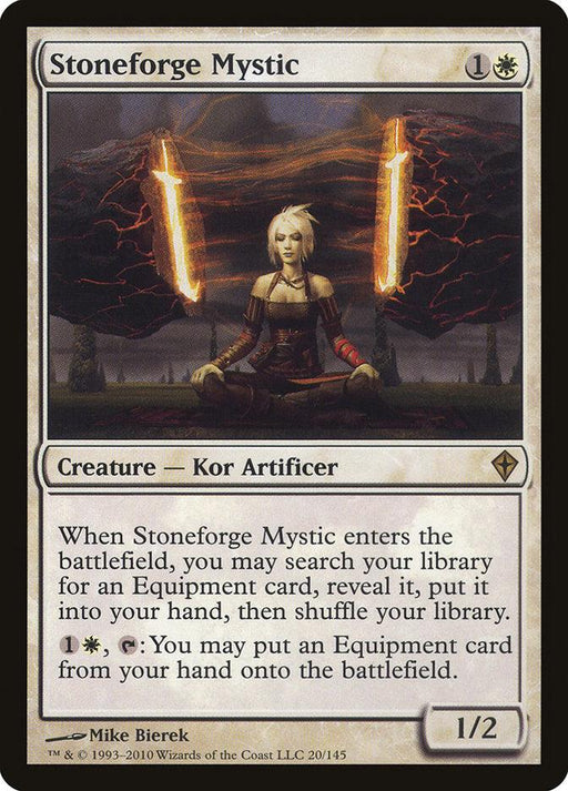 A Magic: The Gathering card titled "Stoneforge Mystic [Worldwake]" features a mystical female Kor Artificer seated in a meditative pose, with two glowing swords levitating beside her. This Equipment card's text details the abilities and costs of this creature, which has a power and toughness of 1/2.