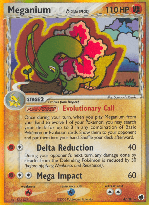 A Pokémon Meganium (4/101) (Delta Species) [EX: Dragon Frontiers] card. It has 110 HP and evolves from Bayleef. This Fighting Type delta species features moves Evolutionary Call, Delta Reduction (40 damage), and Mega Impact (60 damage). The Holo Rare card's border is yellow with a foil effect. Illus. Sumiyoshi Kizuki. Number 4/101.
