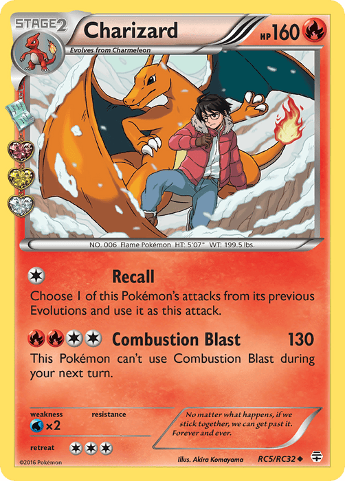 A Pokémon Charizard (RC5/RC32) [XY: Generations] from Pokémon featuring Charizard, a dragon-like creature with orange scales, blue wings, and fire at the end of its tail. The uncommon card has 160 HP and two attacks: Recall and Combustion Blast. An image shows a human figure climbing up a snowy mountain with Charizard flying behind them.