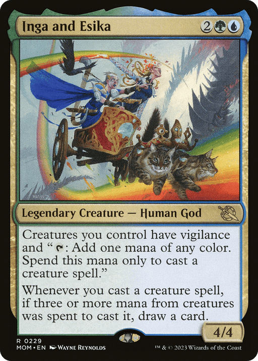 A Magic: The Gathering card titled "Inga and Esika [March of the Machine]." The artwork displays two figures on a chariot pulled by mystical animals. The card has green and blue colors, four mana cost (two generic, green, blue), and grants creatures vigilance and mana-producing abilities. This 4/4 Legendary Creature — Human God captures the essence of the March of the Machine.