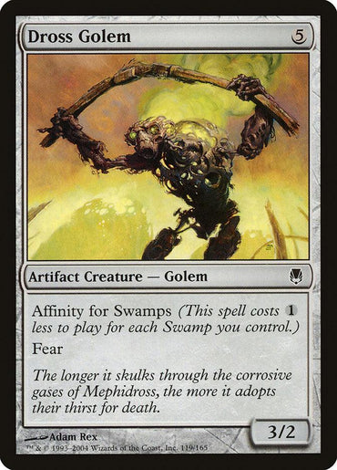 The Magic: The Gathering card "Dross Golem [Darksteel]" depicts a rusted, humanoid golem with an imposing posture and elongated arms. Set against a toxic, greenish-yellow background, this card features an artifact creature with "Affinity for Swamps" and "Fear," boasting stats of "3/2." Its gray border emphasizes its artifact nature.