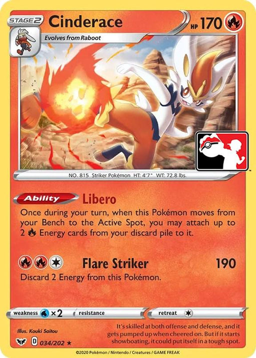 A rare Pokémon trading card for Sprigatito ex (087) [Scarlet & Violet: Black Star Promos] with 170 HP, numbered 034/202, features a dual-reddish background. Sprigatito ex is depicted jumping in the air with a fiery kick. It has the abilities "Libero" and "Flare Striker." Part of Prize Pack Series One, the card's bottom includes details about its artist and origin.