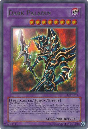 A Yu-Gi-Oh! trading card named "Dark Paladin (Reprint Artwork) [MFC-105] Ultra Rare". This Ultra Rare Fusion/Effect Monster features an armored, magical warrior holding a glowing, ornate staff. With an 8-star rating, it boasts 2900 ATK and 2400 DEF. Its text box details abilities and fusion requirements of "Dark Magician" and "Buster Blader.