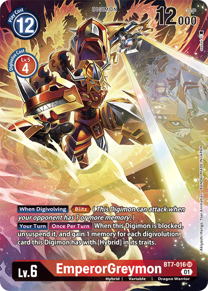 Presenting the Digimon EmperorGreymon [BT7-016] (Alternate Art) [Next Adventure] Super Rare card. This hybrid card boasts a striking red and gold design, with EmperorGreymon prominently featured in the center. Key details include a play cost of 12, Digimon level 6, DP of 12000, and special abilities such as "When Digivolving" and "Your Turn" effects. The unique card number is BT7-016 SP.