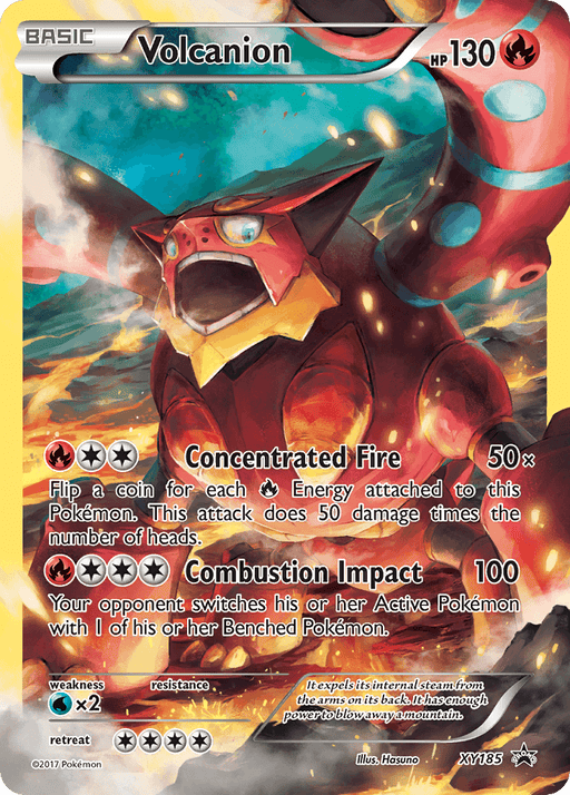 A Pokémon trading card featuring Volcanion (XY185) [XY: Black Star Promos] from Pokémon. The fiery background highlights Volcanion, a red and blue creature with yellow accents and a mechanical appearance. With 130 HP and two attacks—Concentrated Fire and Combustion Impact—it has a noted weakness to Water energy.