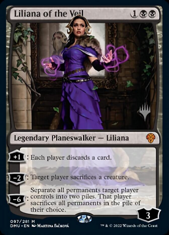 The Magic: The Gathering card 'Liliana of the Veil (Promo Pack) [Dominaria United Promos]' is a Legendary Planeswalker featured in Dominaria United Promos. The illustration presents a woman adorned in a purple robe with gold accents, summoning dark magical energy. A mythic rarity card, her abilities encompass discarding cards, sacrificing creatures, and separating all permanents.