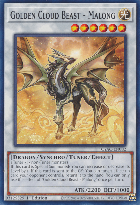 An image of the Yu-Gi-Oh! trading card "Golden Cloud Beast - Malong [CYAC-EN082] Common" from the Cyberstorm Access set. The card depicts a golden dragon-like Tuner/Synchro/Effect Monster with wings and a majestic aura. Its attributes, effects, ATK/DEF values, and unique ability text are displayed in the description box.
