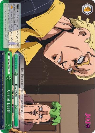 The image shows a trading card featuring two animated male characters from "JoJo's Bizarre Adventure: Golden Wind." One has blond hair, pale skin, and a stern expression, while the other has green hair and a surprised look. The card is the Grand Death (JJ/S66-E046 CC) [JoJo's Bizarre Adventure: Golden Wind] by Bushiroad and has various stats and text at the top.