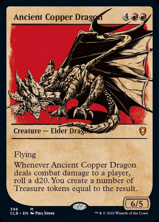 A Magic: The Gathering card titled "Ancient Copper Dragon (Showcase) [Commander Legends: Battle for Baldur's Gate]." The card features an imposing dragon with copper-colored scales on a bright red background. It has large wings, sharp claws, and a menacing posture. Costing 6 mana (4 red, 2 generic) with stats of 6/5, the Elder Dragon can generate Treasure tokens when dealing combat damage to a player.