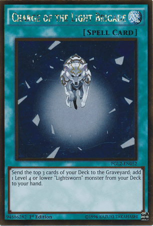 A Yu-Gi-Oh! Normal Spell Card titled "Charge of the Light Brigade [PGL2-EN052] Gold Rare." The card depicts a glowing white wolf with blue accents, marked by the distinct style of Lightsworn, leaping forward against a dark, starry background. Below the image is detailed card text with all specifics including its Premium Gold edition and card number.