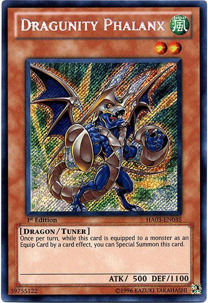 A "Dragunity Phalanx [HA03-EN035] Secret Rare" Yu-Gi-Oh! trading card from Hidden Arsenal 3. This Secret Rare card features a dragon wielding a yellow and blue spear and donning armor. It is a Dragon/Tuner Monster with 500 ATK and 1100 DEF, allowing special summoning when equipped to another monster as an Equip Card.