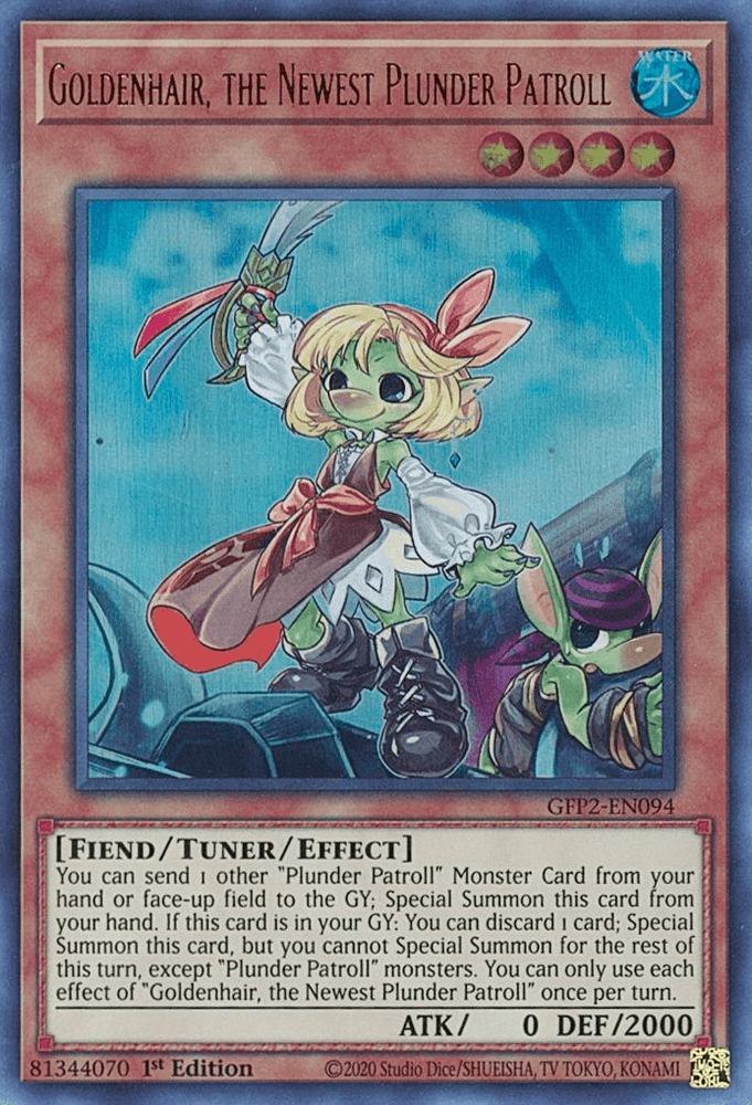 The image is a Yu-Gi-Oh! trading card titled "Goldenhair, the Newest Plunder Patroll [GFP2-EN094] Ultra Rare" from the "Ghosts From the Past: The 2nd Haunting" series. It features an anime character with blonde hair, wearing a green outfit, headband, and eye patch, holding a long rapier on a ship deck with an ocean backdrop.