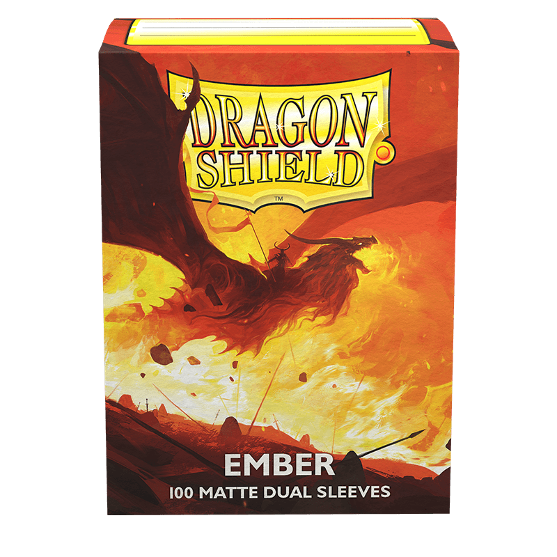 Box of Arcane Tinmen Dragon Shield: Standard 100ct Sleeves - Ember (Dual Matte) featuring artwork of a flying dragon with outstretched wings amidst a fiery landscape. The box indicates it contains 100 card sleeves ideal for TCGs. The background is predominantly orange and red, depicting an intense, flame-lit scene.